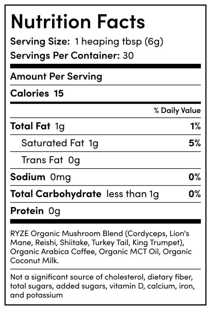 RYZE Nutrition Label