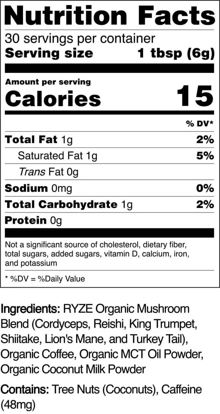 RYZE Nutrition Label