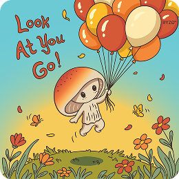Illustration of a mushroom character with balloons in a colorful garden setting