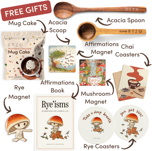 Mushroom hot cocoa, acacia spoon and scoop, coasters, and mushroom magnet with text labels.