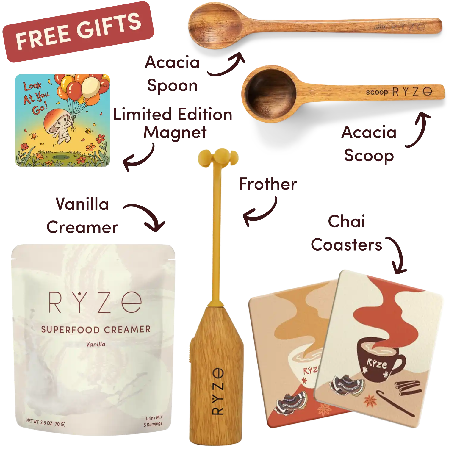 Mushroom hot cocoa, acacia spoon and scoop, coasters, and mushroom magnet with text labels.