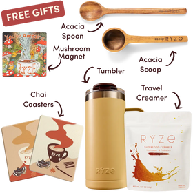 FREE GIFTS for RYZE Mushroom Chai: Limited Edition Glass, Acacia Spoon, Acacia Scoop, Pumpkin Spice Creamer, You're...