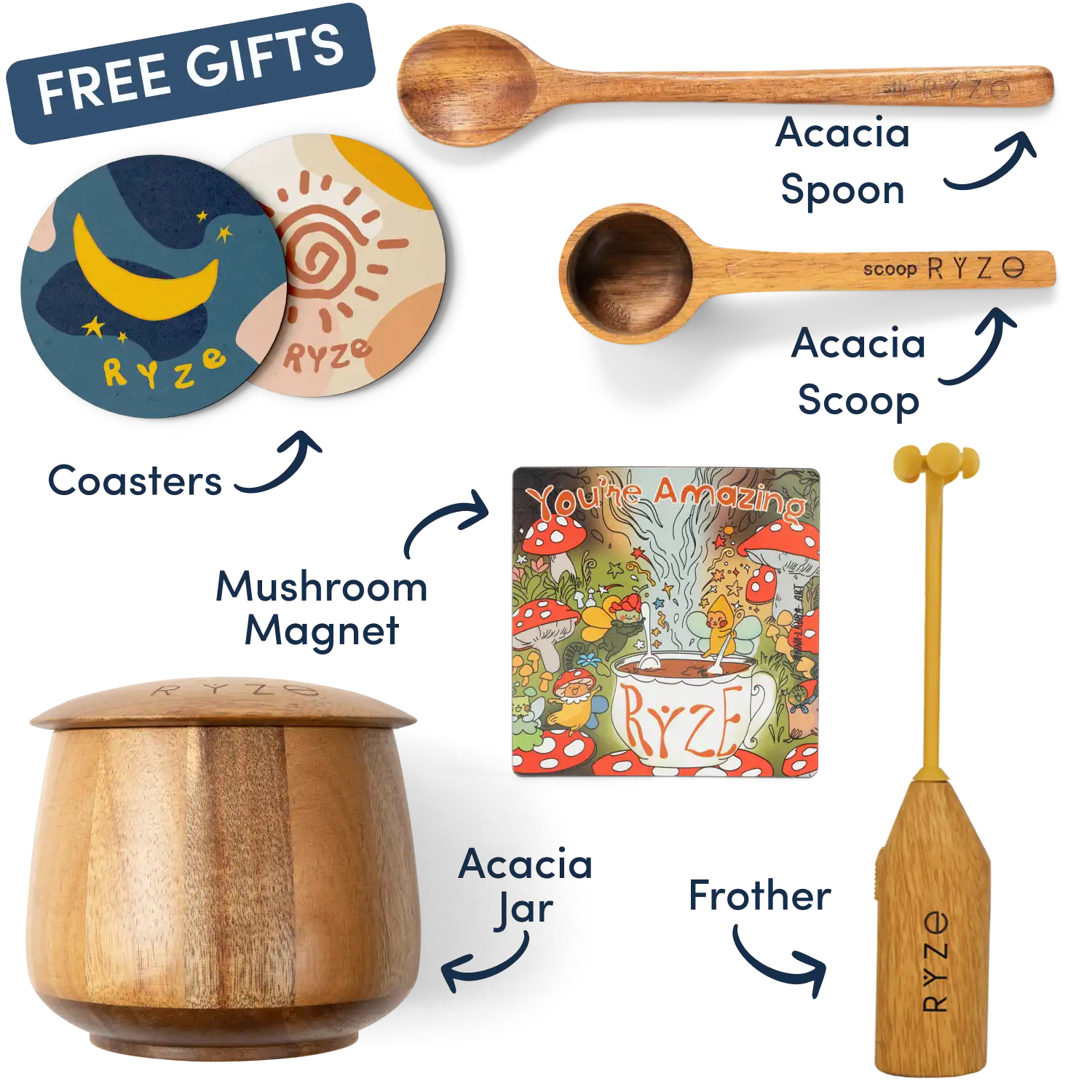 Collection of Ryze products including cocoa, spoon, scoop, coasters, and a mushroom-themed magnet.
