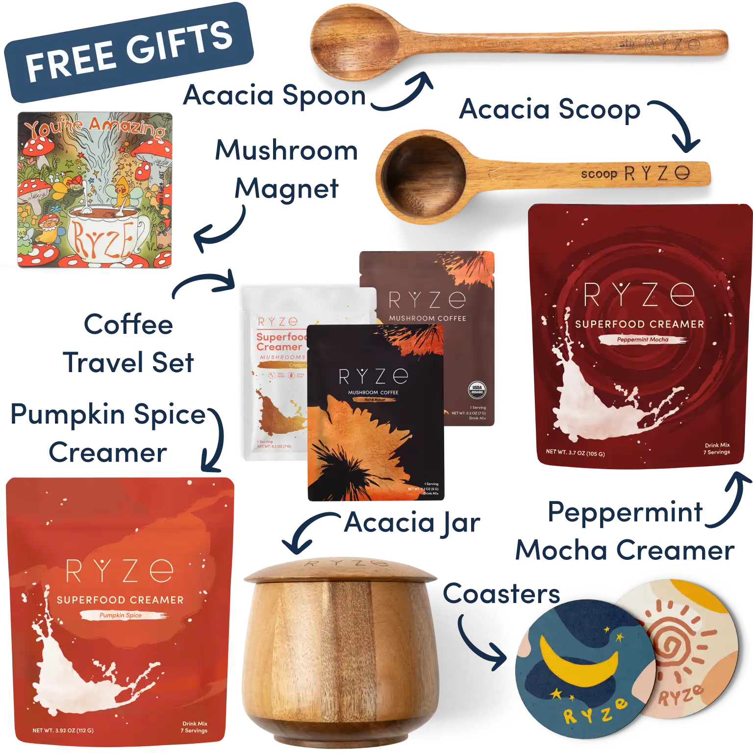Collection of Ryze products including cocoa, spoon, scoop, coasters, and a mushroom-themed magnet.