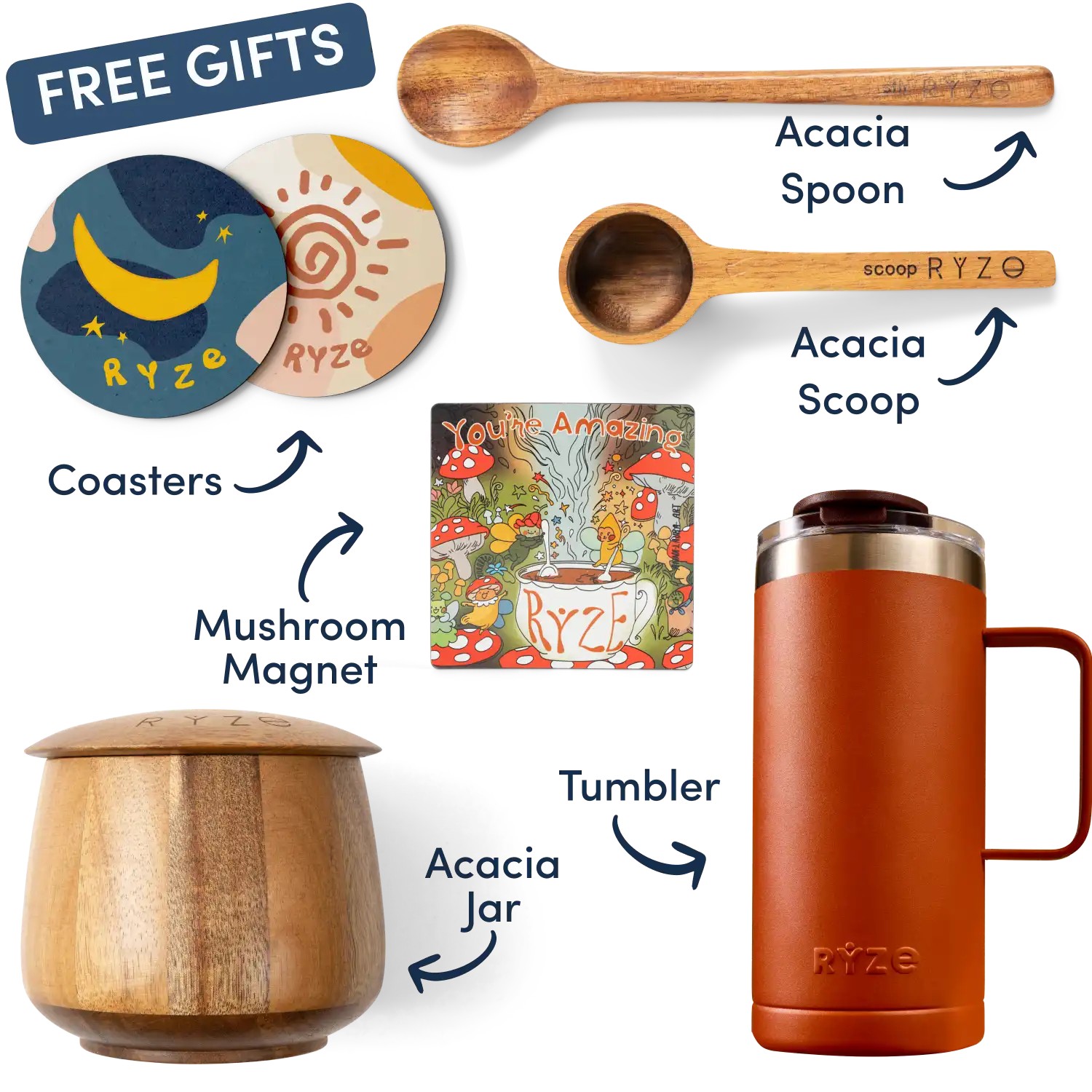 Collection of Ryze products including cocoa, spoon, scoop, coasters, and a mushroom-themed magnet.