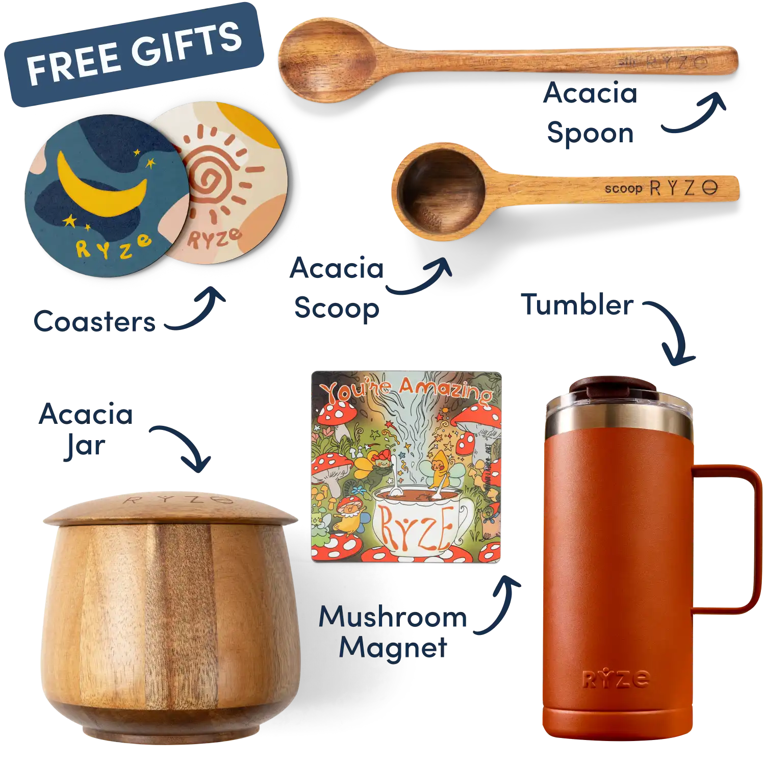 Collection of Ryze products including cocoa, spoon, scoop, coasters, and a mushroom-themed magnet.