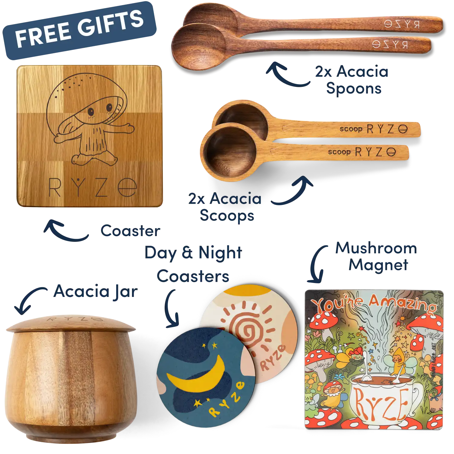 Collection of Ryze products including cocoa, spoon, scoop, coasters, and a mushroom-themed magnet.