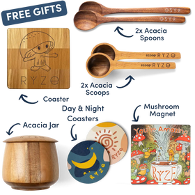 Promotional image of RYZE kitchenware items including spoons, scoops, a coaster, jar, and magnet with free gifts text.