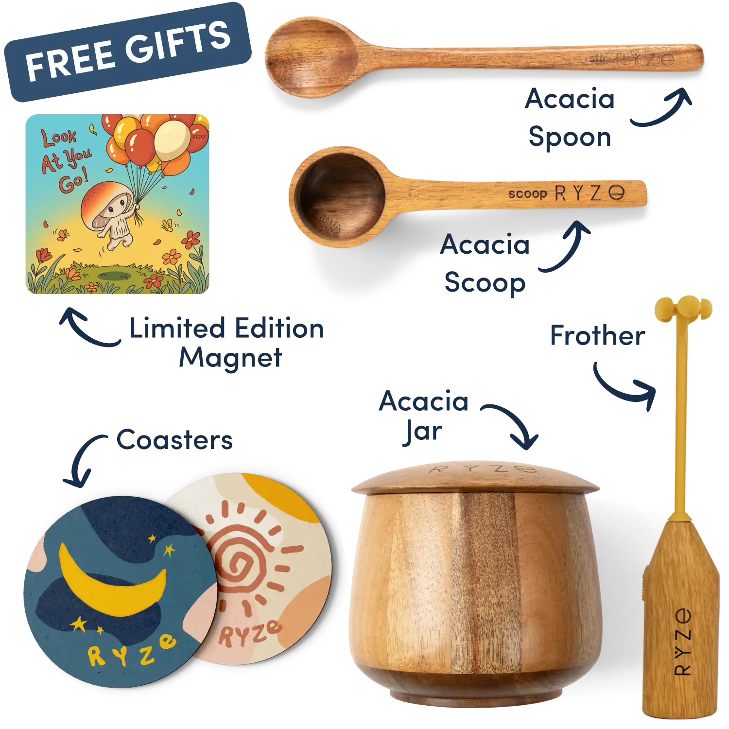 Collection of Ryze products including cocoa, spoon, scoop, coasters, and a mushroom-themed magnet.