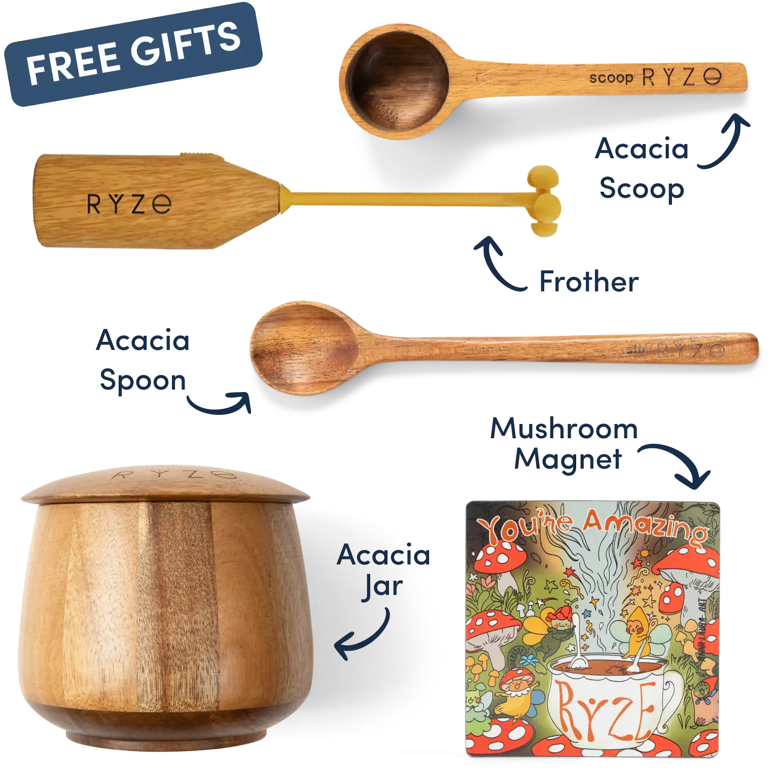 Collection of Ryze products including cocoa, spoon, scoop, coasters, and a mushroom-themed magnet.