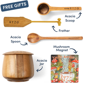 Set of wooden kitchen tools with labels and a colorful magnet on a white background
