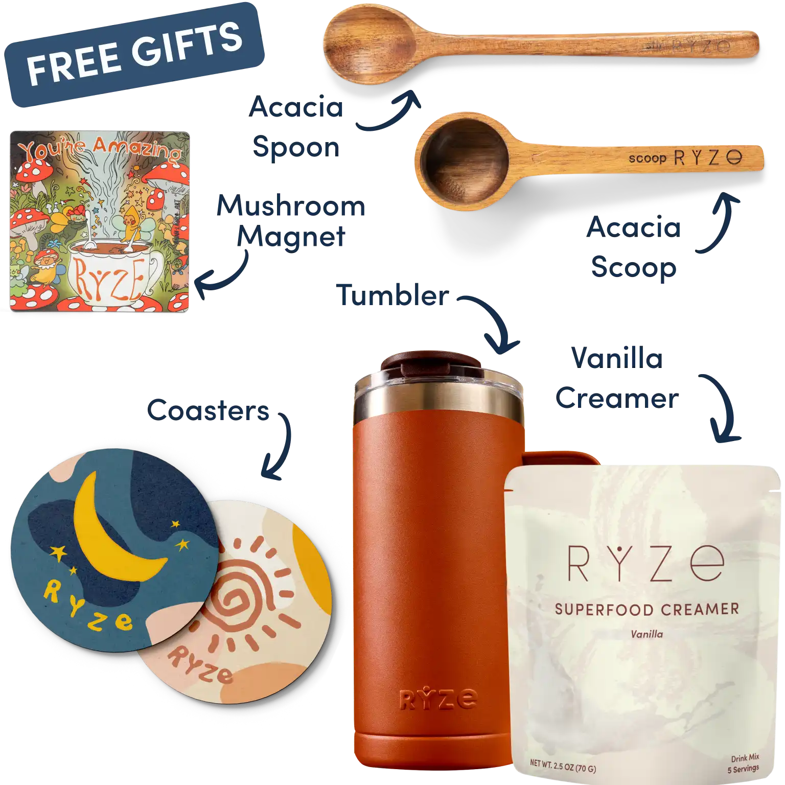 Collection of Ryze products including hot cocoa, wooden utensils, coasters, and a mushroom-themed magnet.