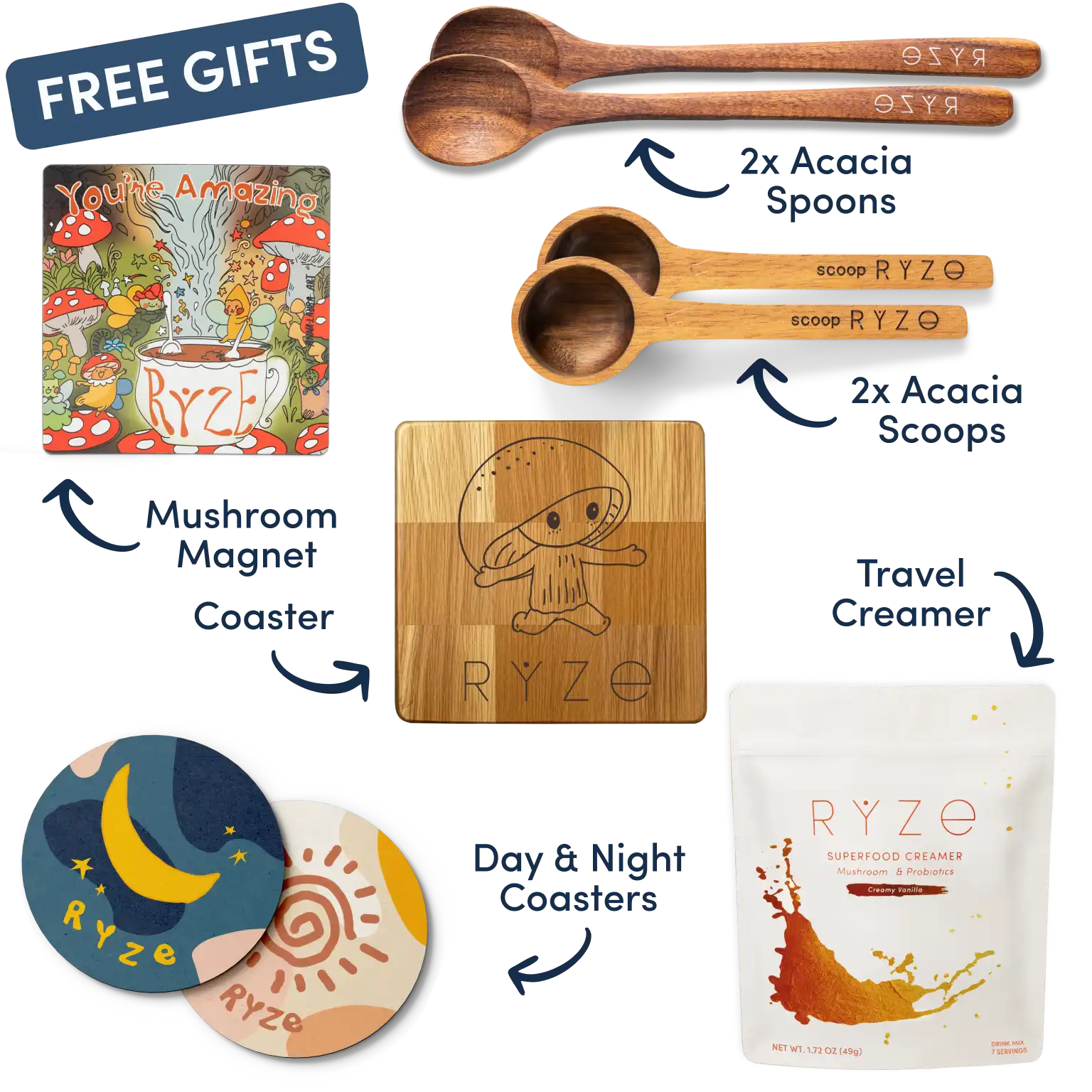 Collection of Ryze products including hot cocoa, wooden utensils, coasters, and a mushroom-themed magnet.