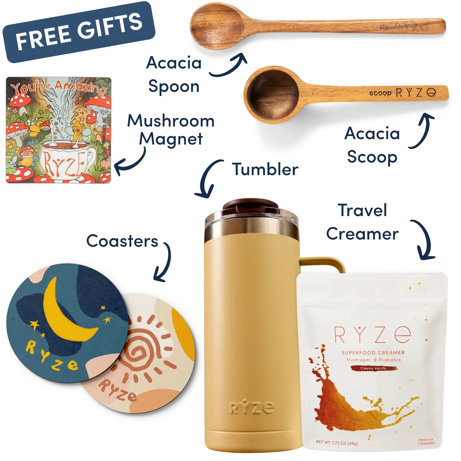 Collection of Ryze products including hot cocoa, wooden utensils, coasters, and a mushroom-themed magnet.