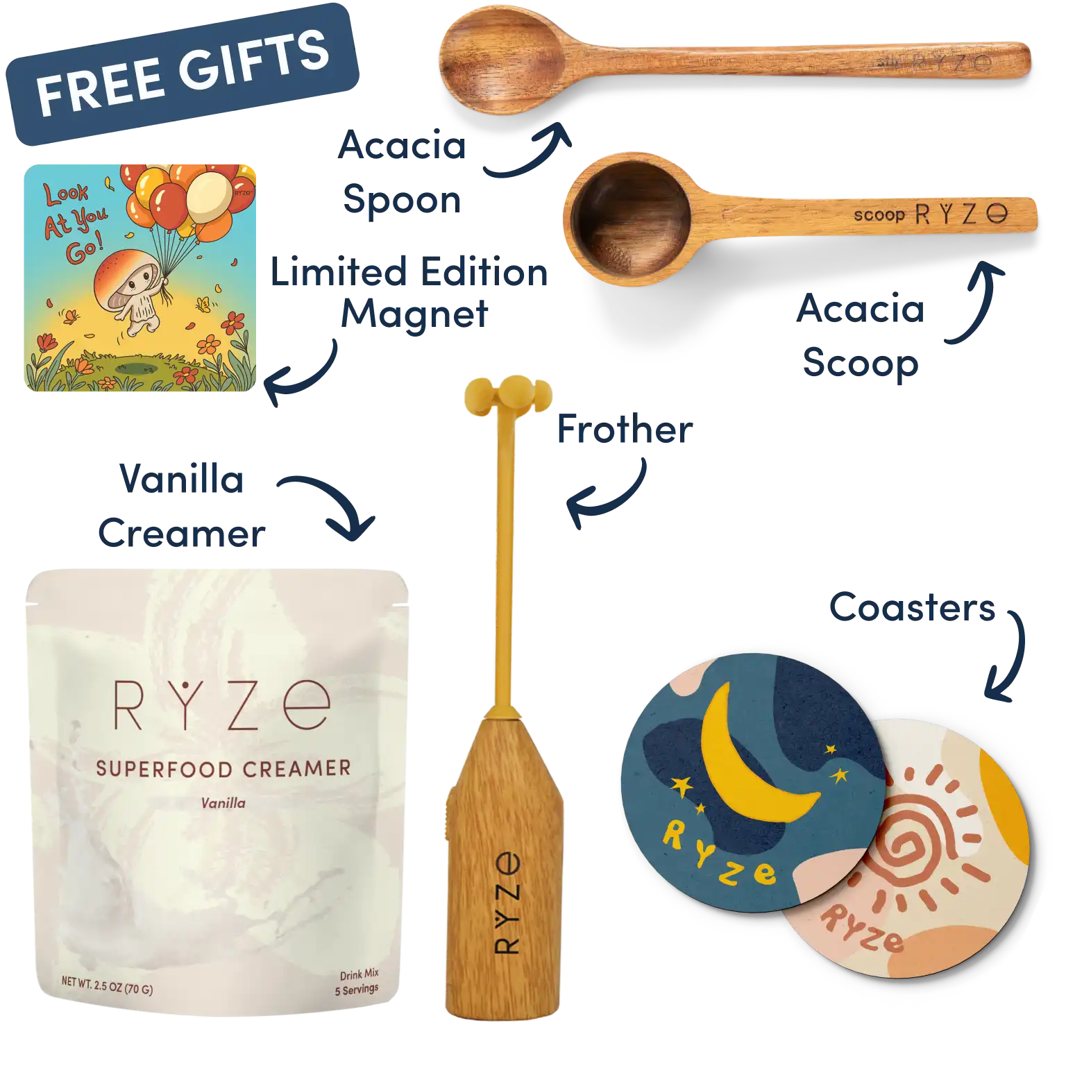 Collection of Ryze products including hot cocoa, wooden utensils, coasters, and a mushroom-themed magnet.