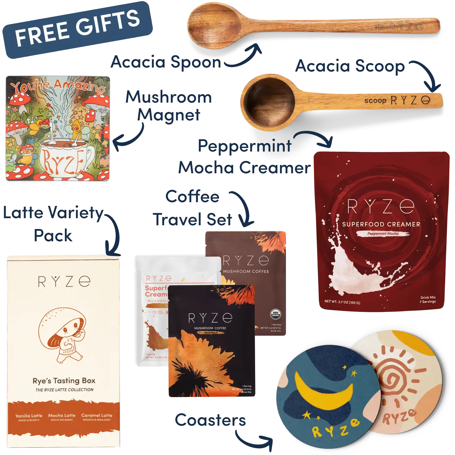 Collection of Ryze products including hot cocoa, wooden utensils, coasters, and a mushroom-themed magnet.
