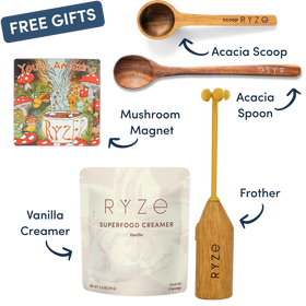 RYZE superfood creamer package with wooden spoon, scoop, and magnet on a white background