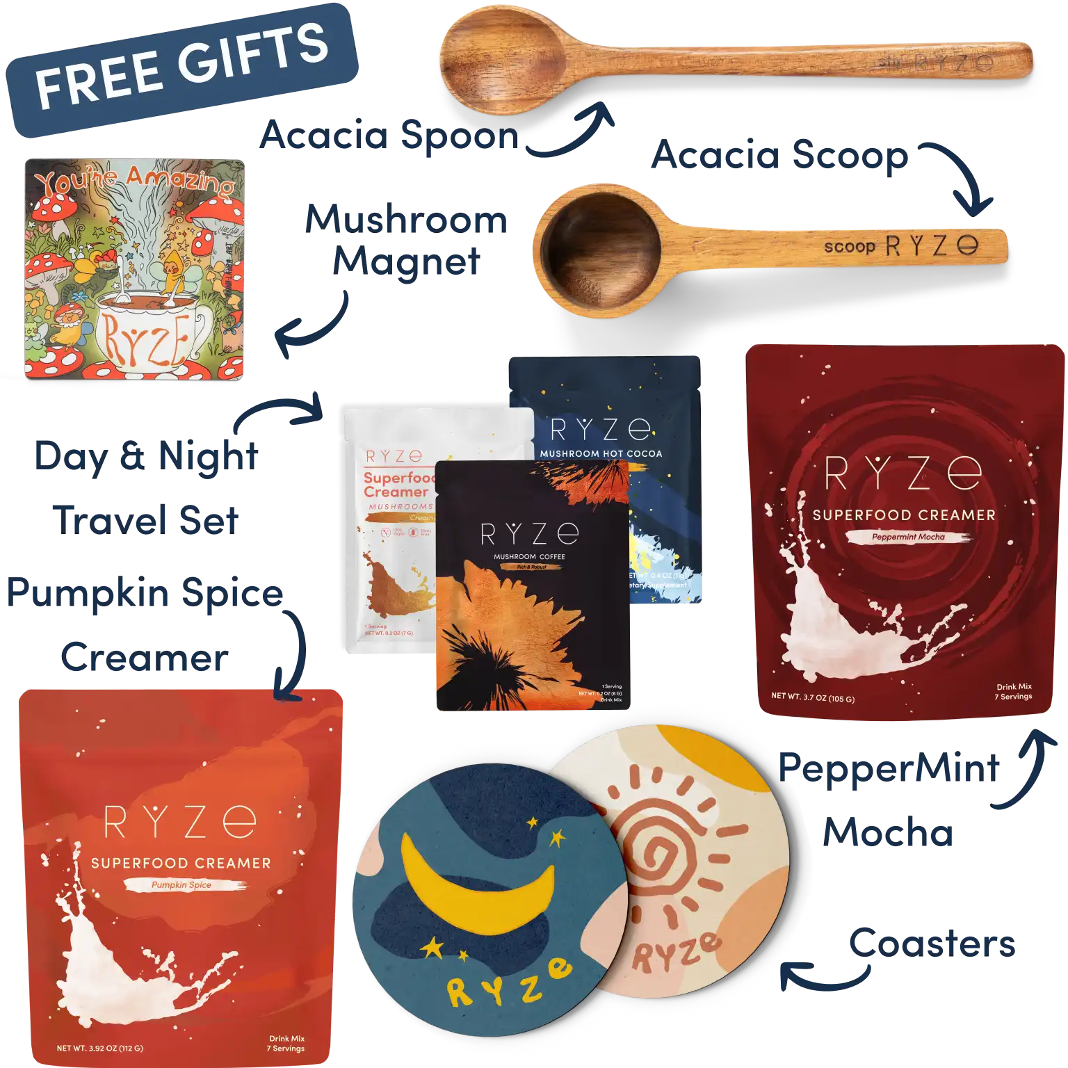 Collection of Ryze products including hot cocoa, wooden utensils, coasters, and a mushroom-themed magnet.