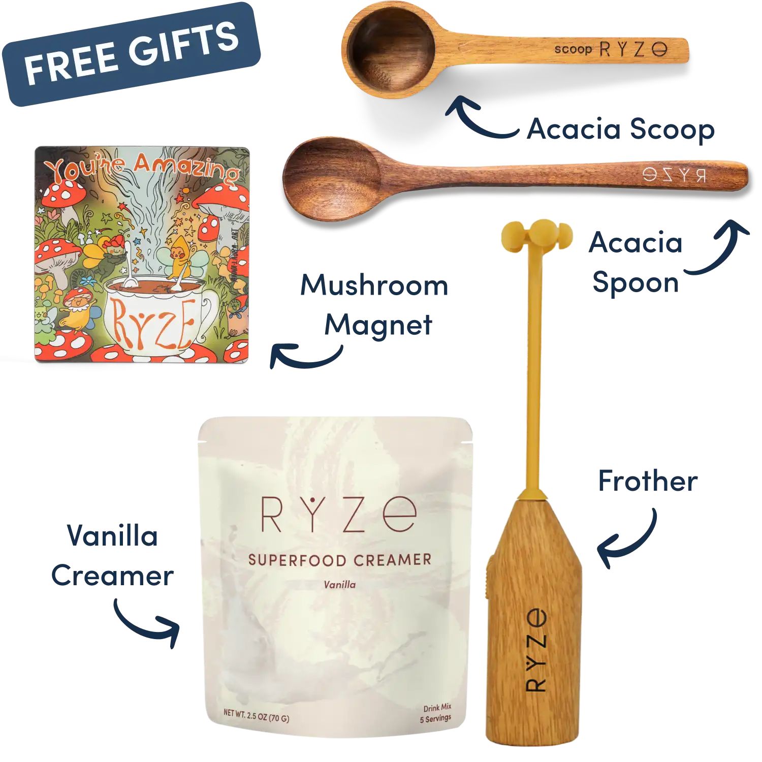 Collection of Ryze products including hot cocoa, wooden utensils, coasters, and a mushroom-themed magnet.