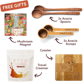 Promotional image of RYZé product set with free gifts including acacia spoons, mushroom magnet, coaster, travel creamer, and wooden board.