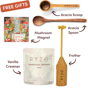 RYZE superfood creamer package with wooden spoon, scoop, and magnet on a white background