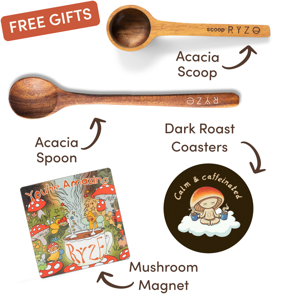 Wooden acacia scoop and spoon with a colorful mushroom-themed magnet.