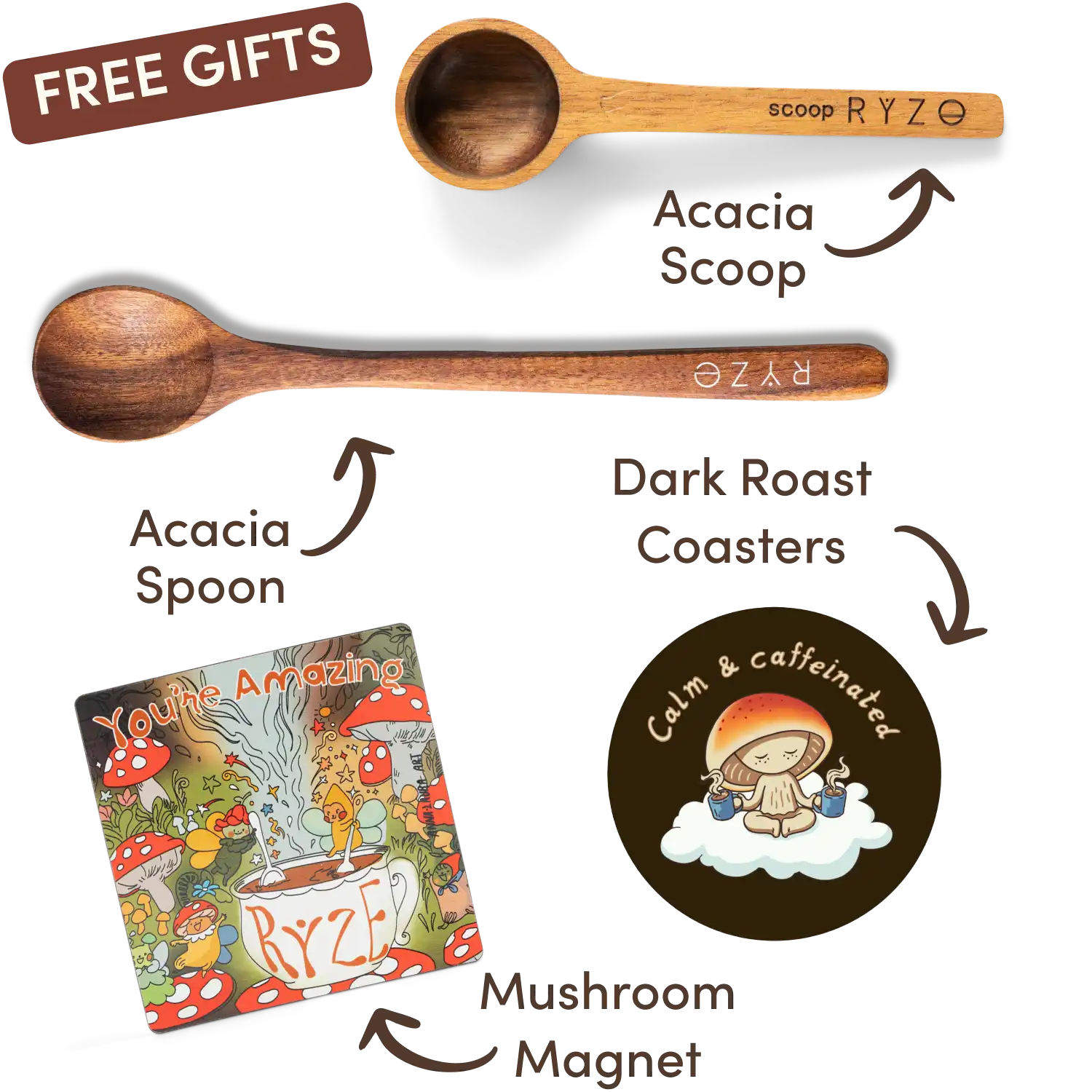 Wooden acacia scoop and spoon with a colorful mushroom-themed magnet.