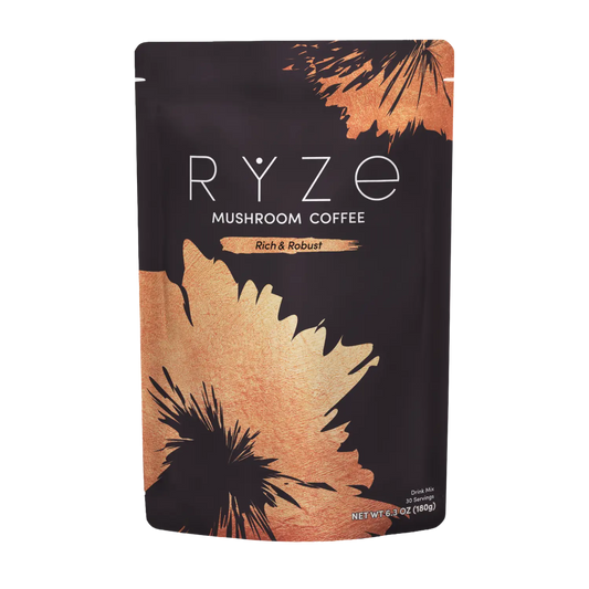 RYZE Mushroom Coffee package with leaf design on a white background