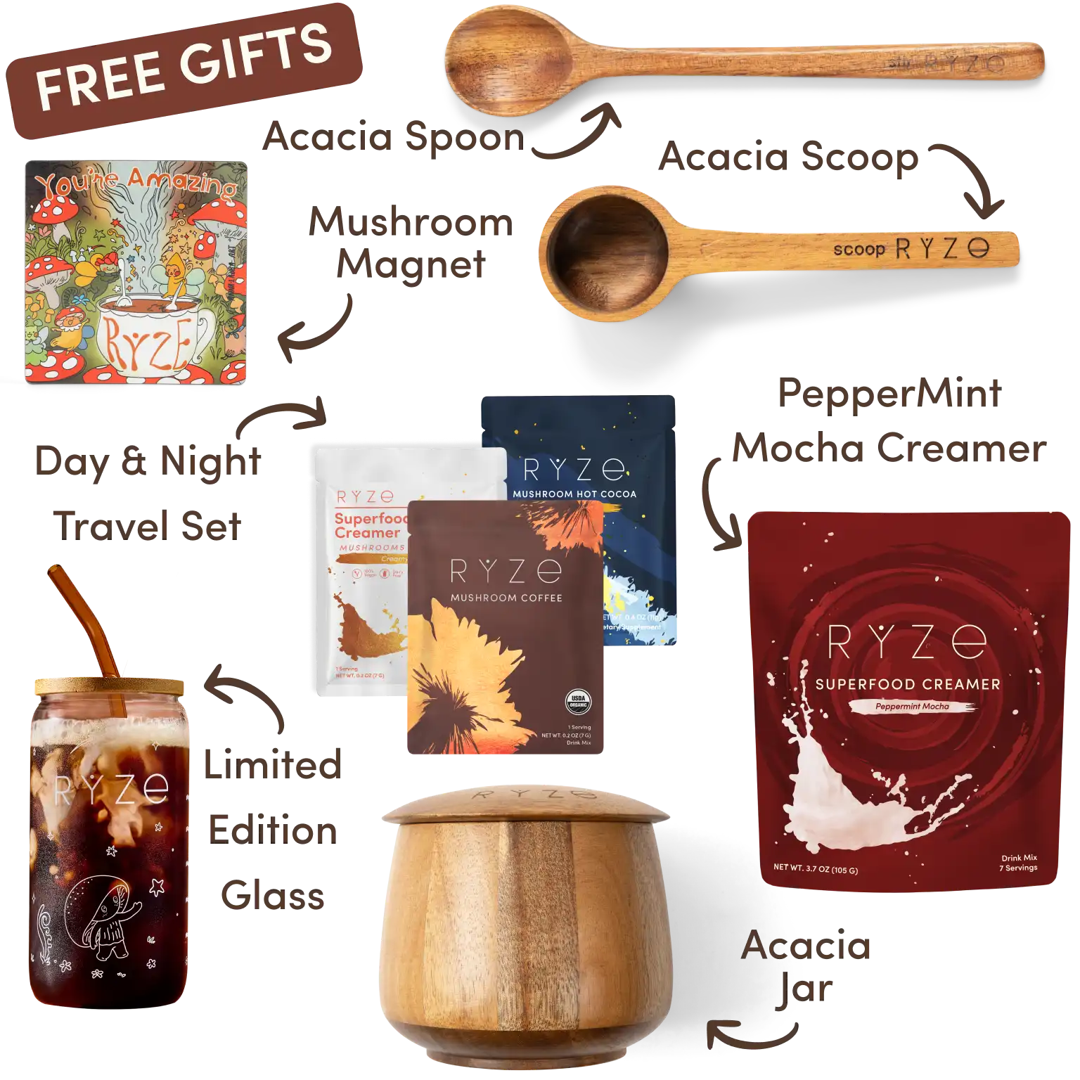 Ryze superfood creamer, acacia spoon, scoop, jar, mushroom magnet, and recipe booklet with 'Free Gifts' label.