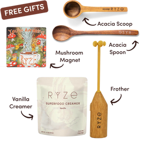 RYZE product set with creamer, mushroom magnet, acacia scoop, spoon, and frother on a white background.