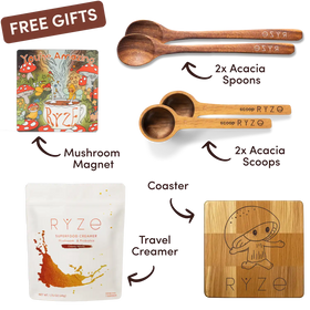 Promotional image of RYZé product set with free gifts including mushroom magnet, acacia spoons, and scoops.