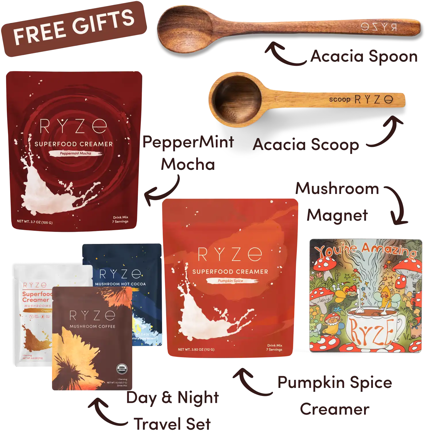 Ryze superfood creamer, acacia spoon, scoop, jar, mushroom magnet, and recipe booklet with 'Free Gifts' label.