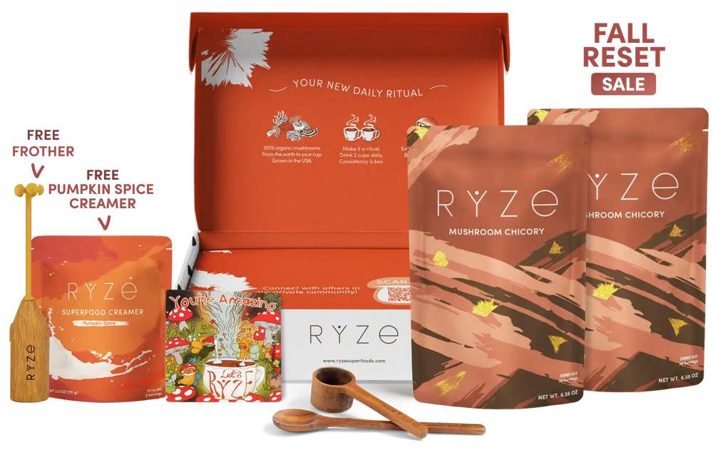 RYZE fall reset bundle featuring mushroom chicory and superfood creamer pouches, a wooden spoon, scoop, and frother, displayed with their orange packaging and an open gift box on a white background with 'FALL RESET SALE' text.