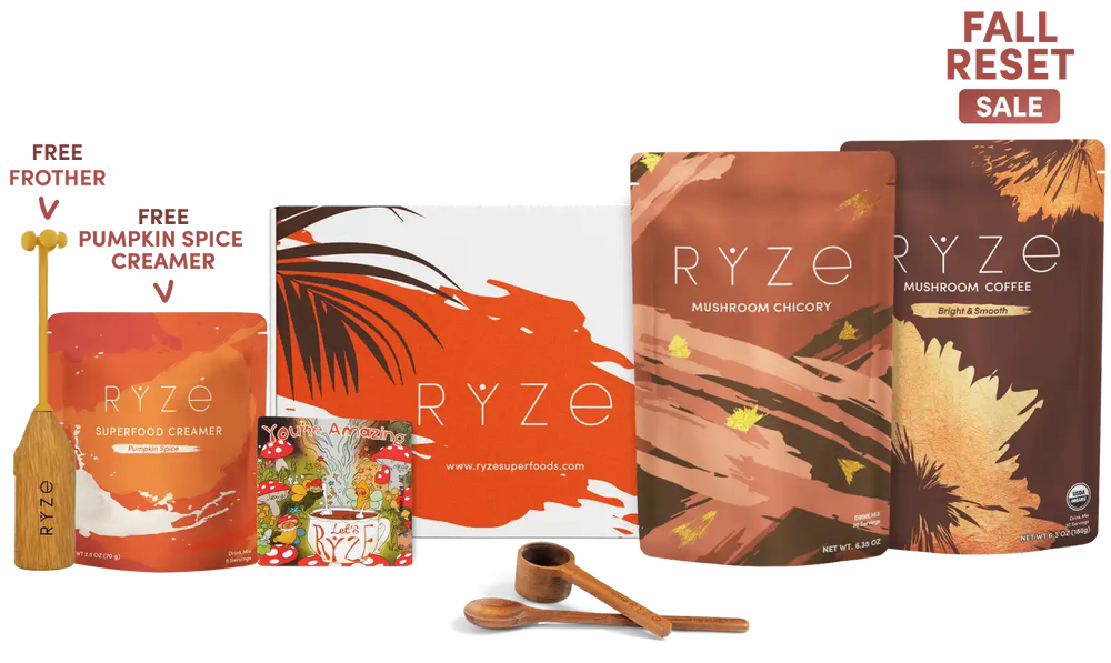 RYZE fall reset sale bundle featuring mushroom chicory and mushroom coffee pouches, a gift box, wooden spoons, and a wooden frother on a white background with a 'FALL RESET SALE' banner.