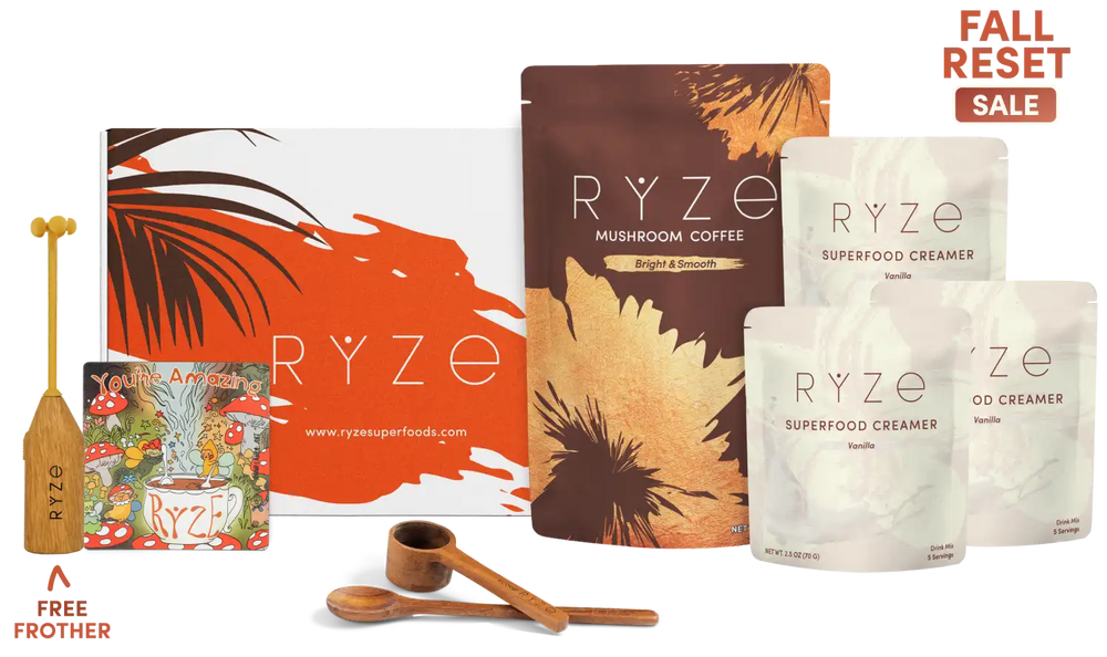 Ryze mushroom coffee gift set featuring a branded box, a large brown pouch, two white creamer pouches, wooden measuring cups, a wooden spoon, and a free frother offer graphic on a white background with a fall reset sale badge.