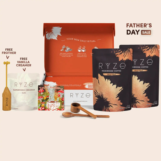 RYZE product set including coffee packages, creamer, and a box on a beige background with 'Father's Day Sale' text.