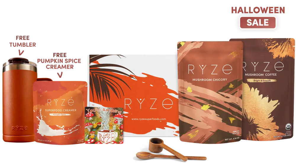 A Halloween sale promotional collage showing multiple RYZE-branded products and gift items on a white background, including a brown insulated tumbler, a free tumbler, a pumpkin spice creamer pouch, a mushroom chicory pouch, a mushroom coffee pouch, a gift box, wooden spoons, and a 'Halloween Sale' banner.