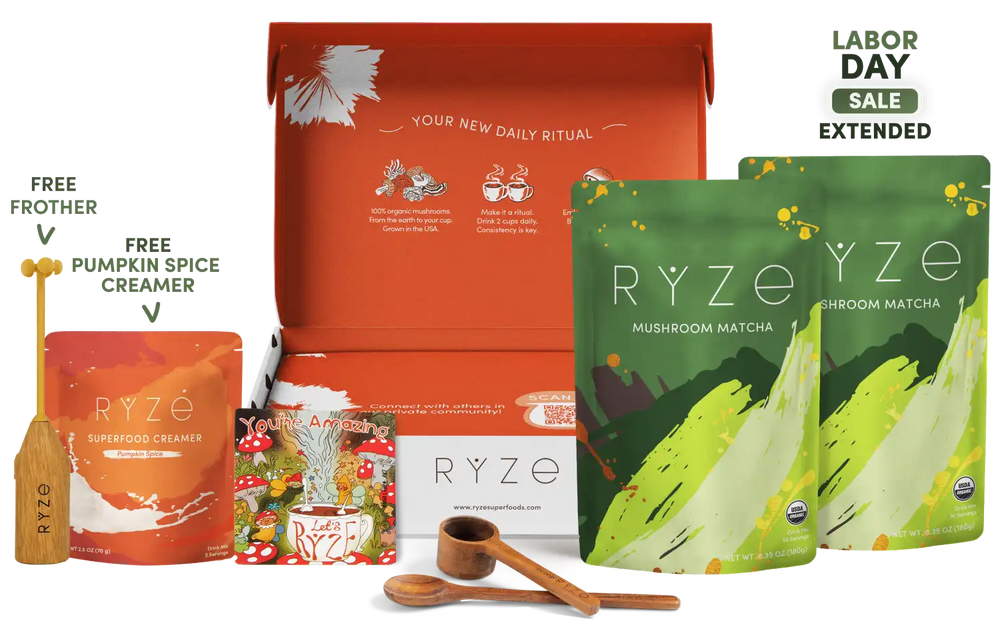 Ryze Labor Day Sale bundle featuring mushroom matcha pouches, a pumpkin spice creamer pouch, a wooden frother, measuring scoop, and an open orange gift box on a white background with sale text overlays.