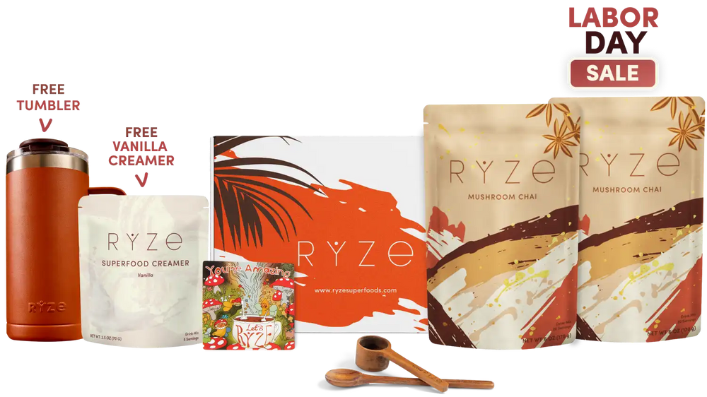 Labor Day sale bundle from RYZE featuring a brown insulated tumbler, a pouch of vanilla creamer, a box, two mushroom chai pouches, a small magnet, and wooden spoons, with 'LABOR DAY SALE' text on a white background.