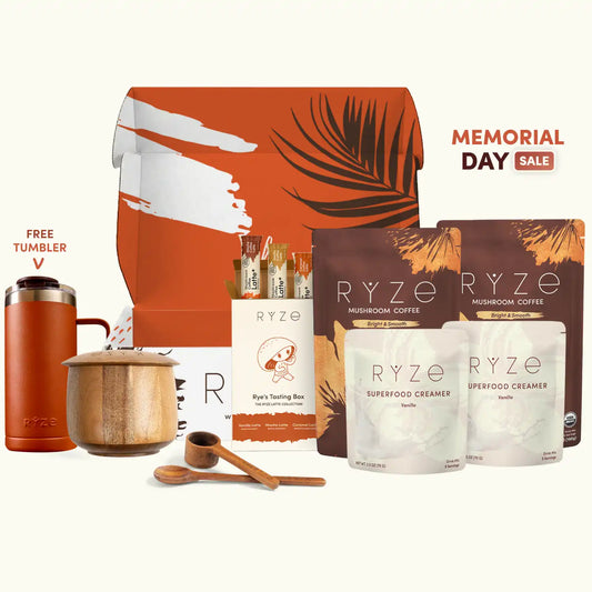 RYZE mushroom coffee products with promotional text on a white background