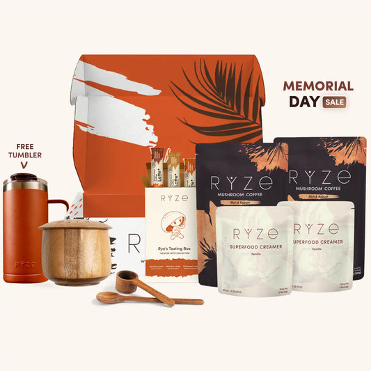Ryze products including coffee and creamers with promotional text on a white background