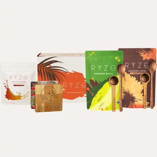 Collection of RYZé mushroom product packages on a white background