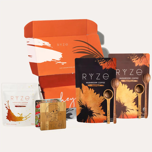 Collection of RYZE products including a box, packages, and packaging elements on a white background.