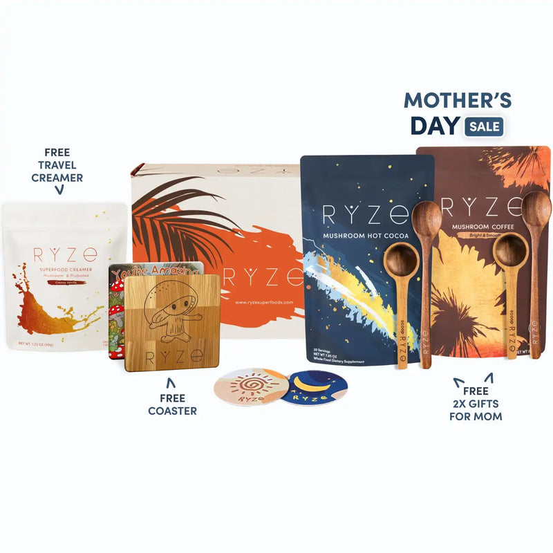 RYZE product packaging with promotional text for Mother's Day sale on a white background