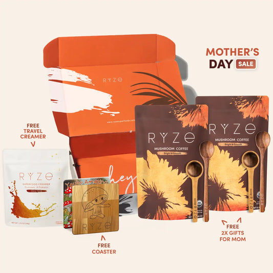 RYZE product set with packaging, coffee, and accessories on a white background