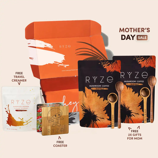 RYZE product set with packaging, coffee packages, and promotional text on a beige background