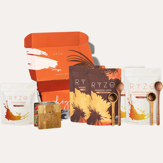 Collection of RYZé products including packaging and wooden items on a white background