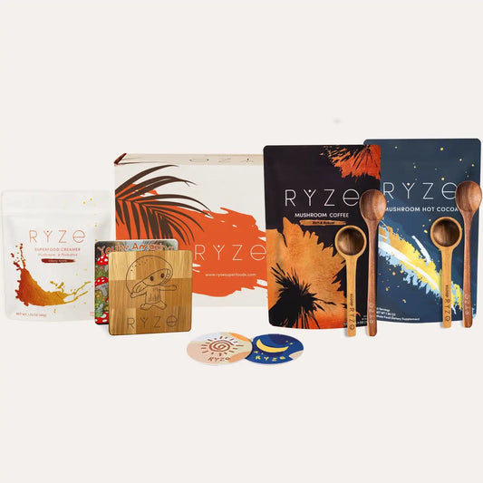 Collection of RYZE products including packaging, wooden spoons, and coasters on a white background