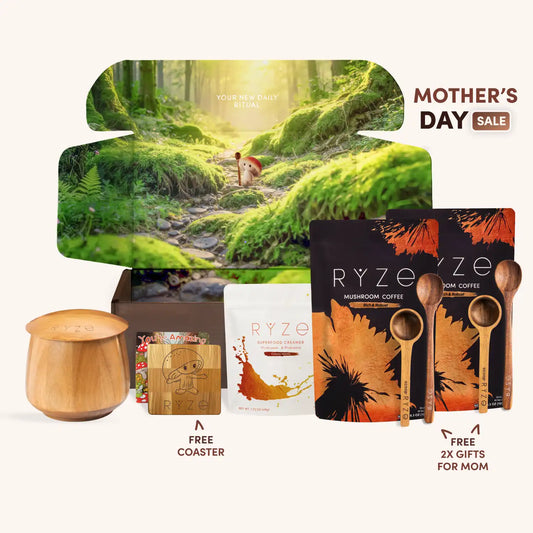Promotional image for RYZé mushroom coffee with nature-themed packaging and 'Mother's Day Sale' text.