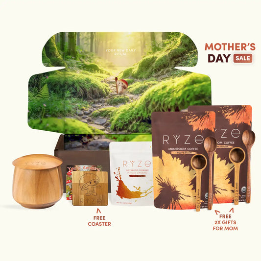 Ryze product set with wooden container, coasters, and packaging on a white background